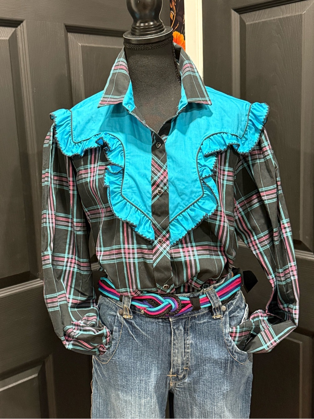 Vintage Women’s Kenny Rogers Western by Karman Shirt Plaid Sz 17/18 Snap Buttons